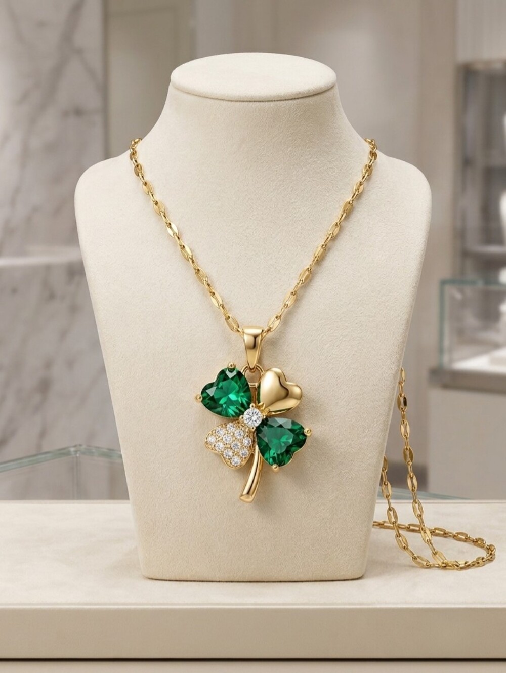 Gold Four Leaf Clover Pendant Necklace - Emerald Green Crystal